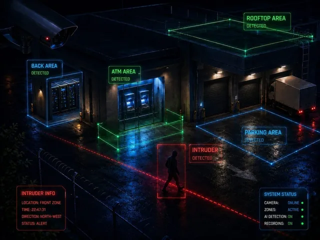 Digital fencing virtual perimeter overlay drawn across a camera view